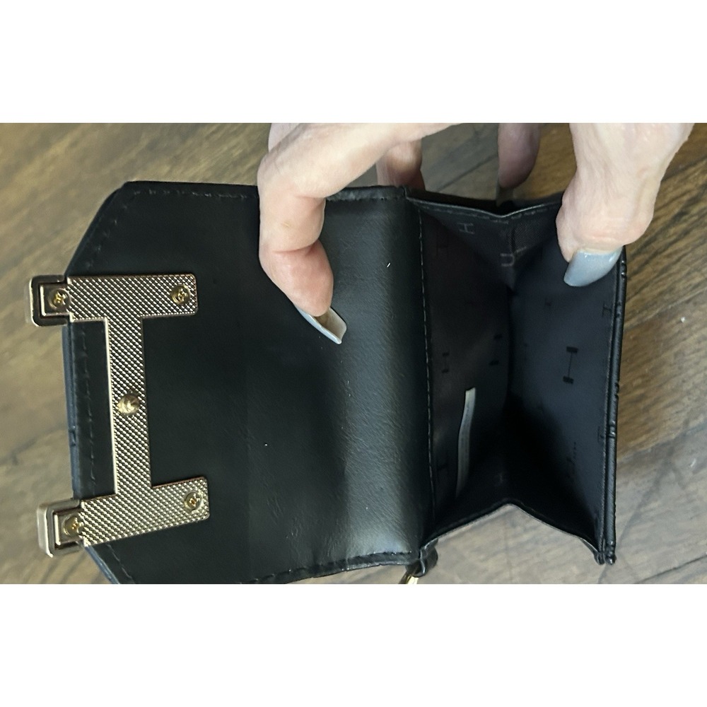 Halston Black Folded Wallet Women Logo Credit Card Gold Hardware Keychain - Picture 4 of 6